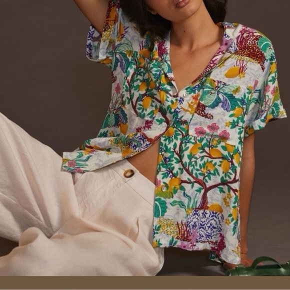 Maeve Tops - Maeve Anthropologie Classic Surf Shirt Linen Lemons Open Split Back Size S